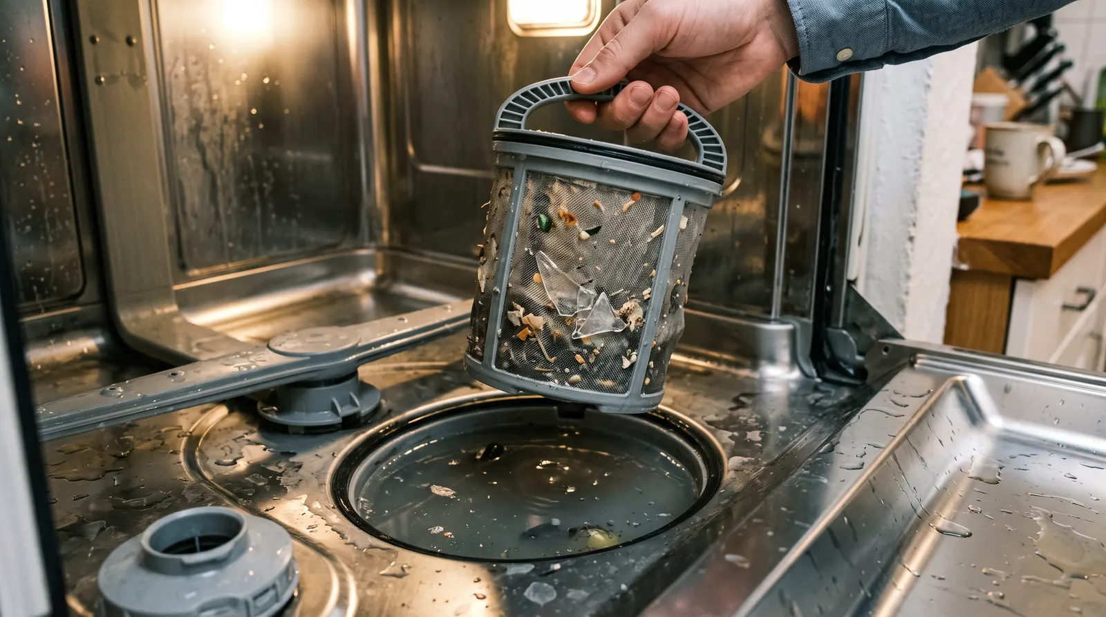 Dishwasher sump with the filter basket lifted showing trapped debris