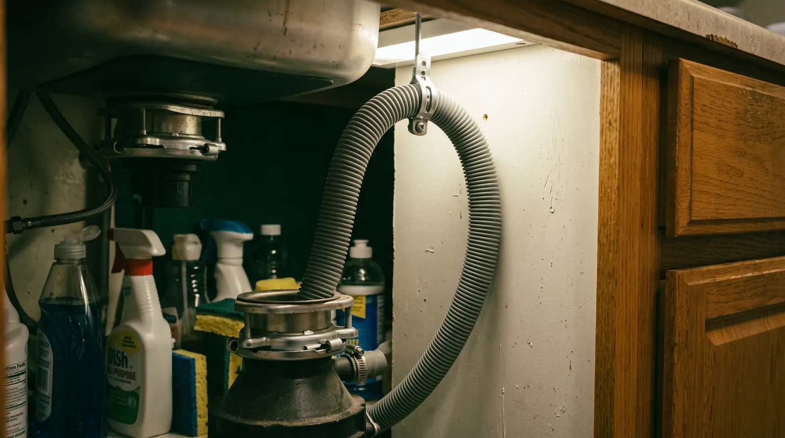 Dishwasher drain hose looped high under a sink before the disposal inlet