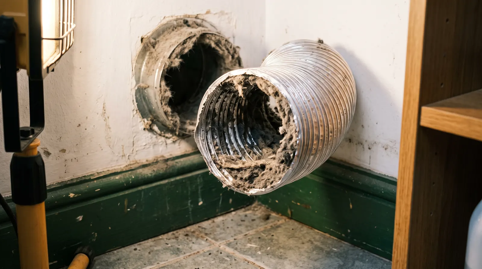 Disconnected dryer vent duct packed with compacted lint
