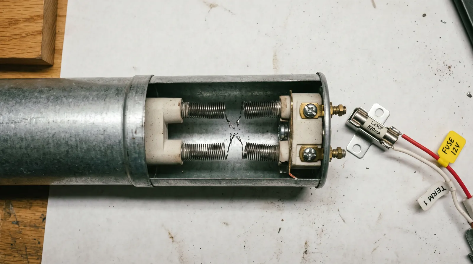 Dryer heating element coil and thermal fuse removed for inspection