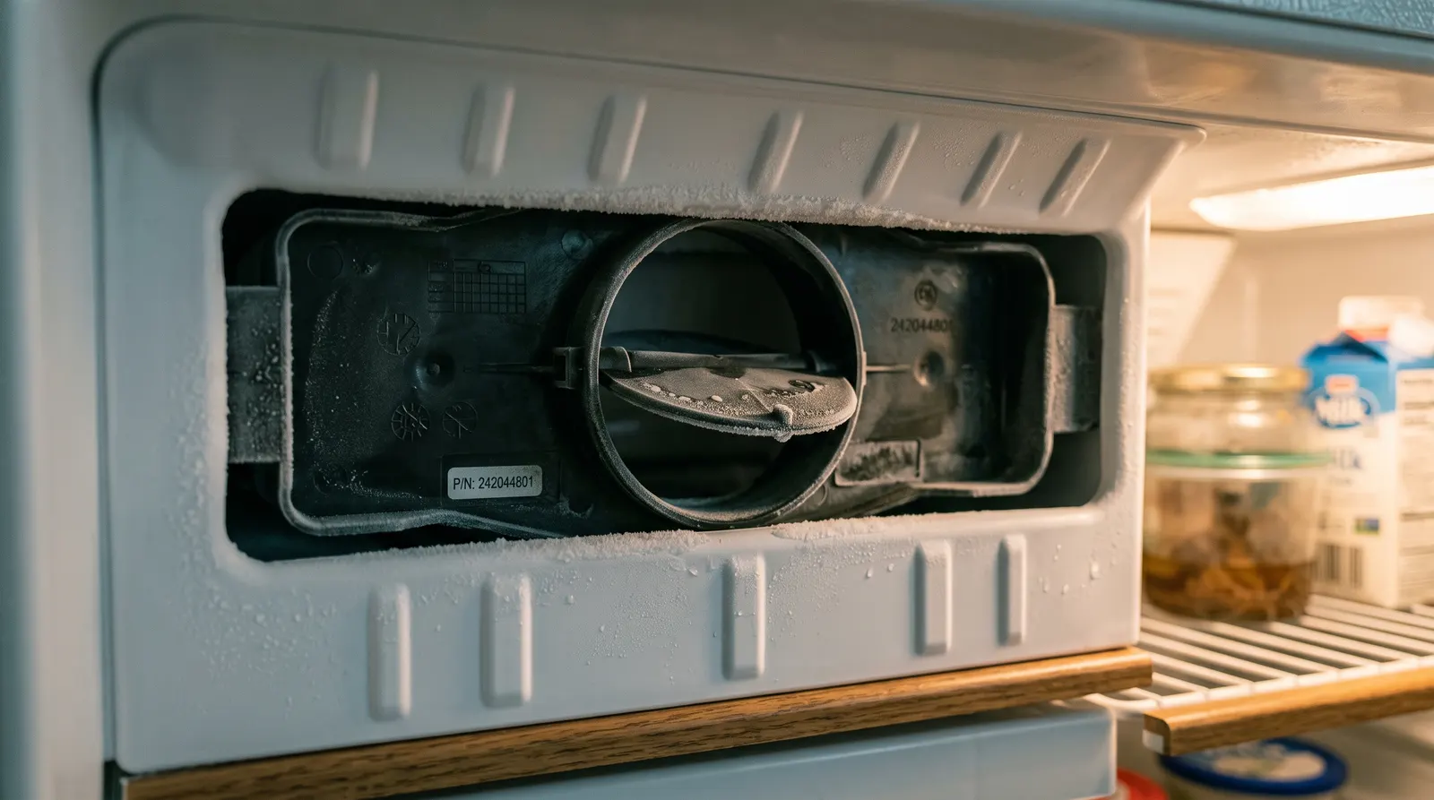 Air damper control between a freezer and fridge compartment seen through the vent