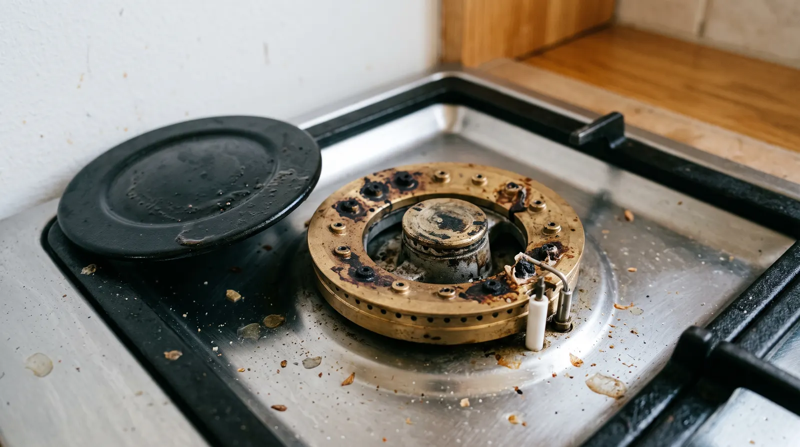 Gas burner cap lifted showing blocked flame ports on the burner head