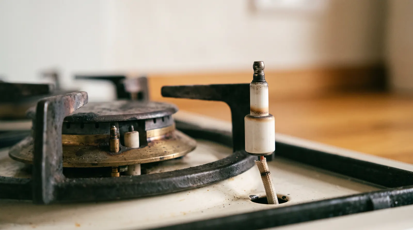 Ceramic spark electrode beside a gas burner with its lead running below