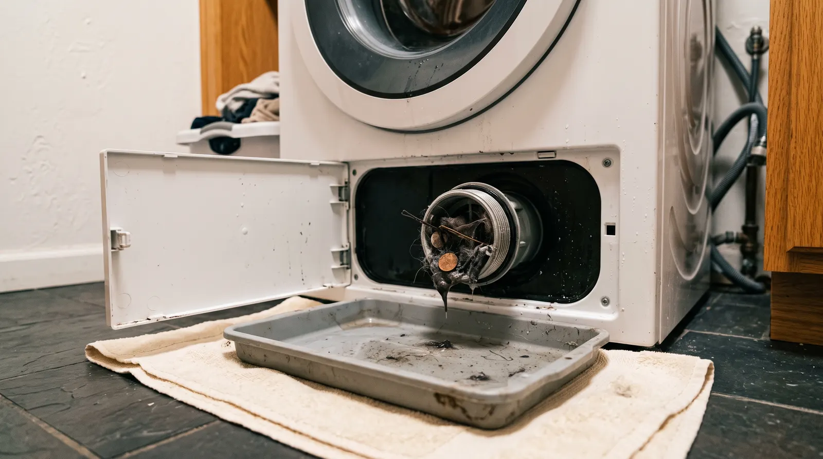 Open washing machine drain pump filter access with debris in the trap
