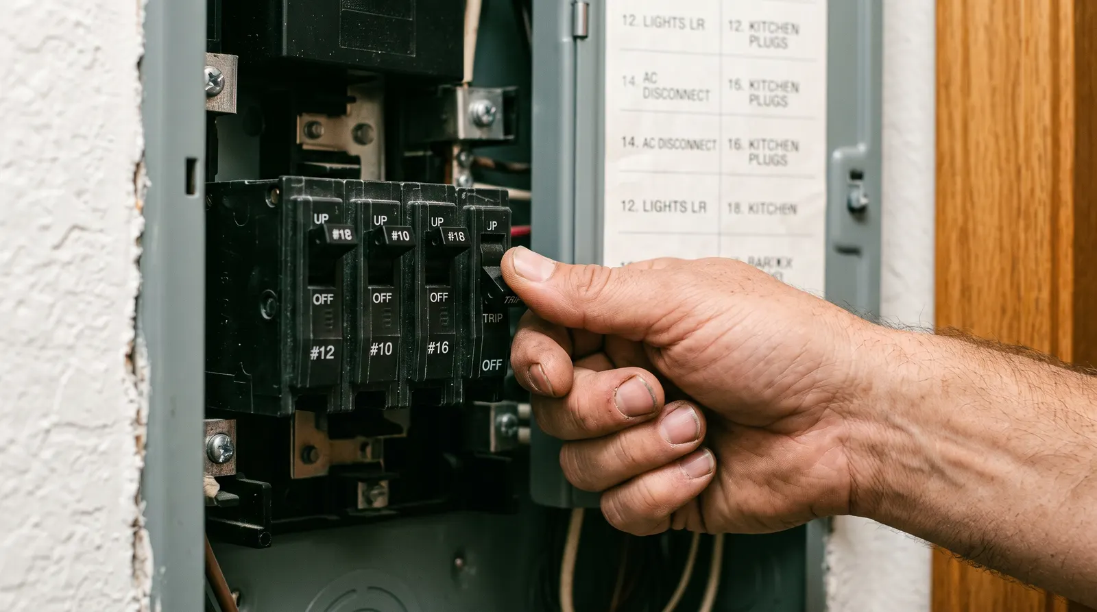 Hand pushing a breaker handle fully to off before resetting it