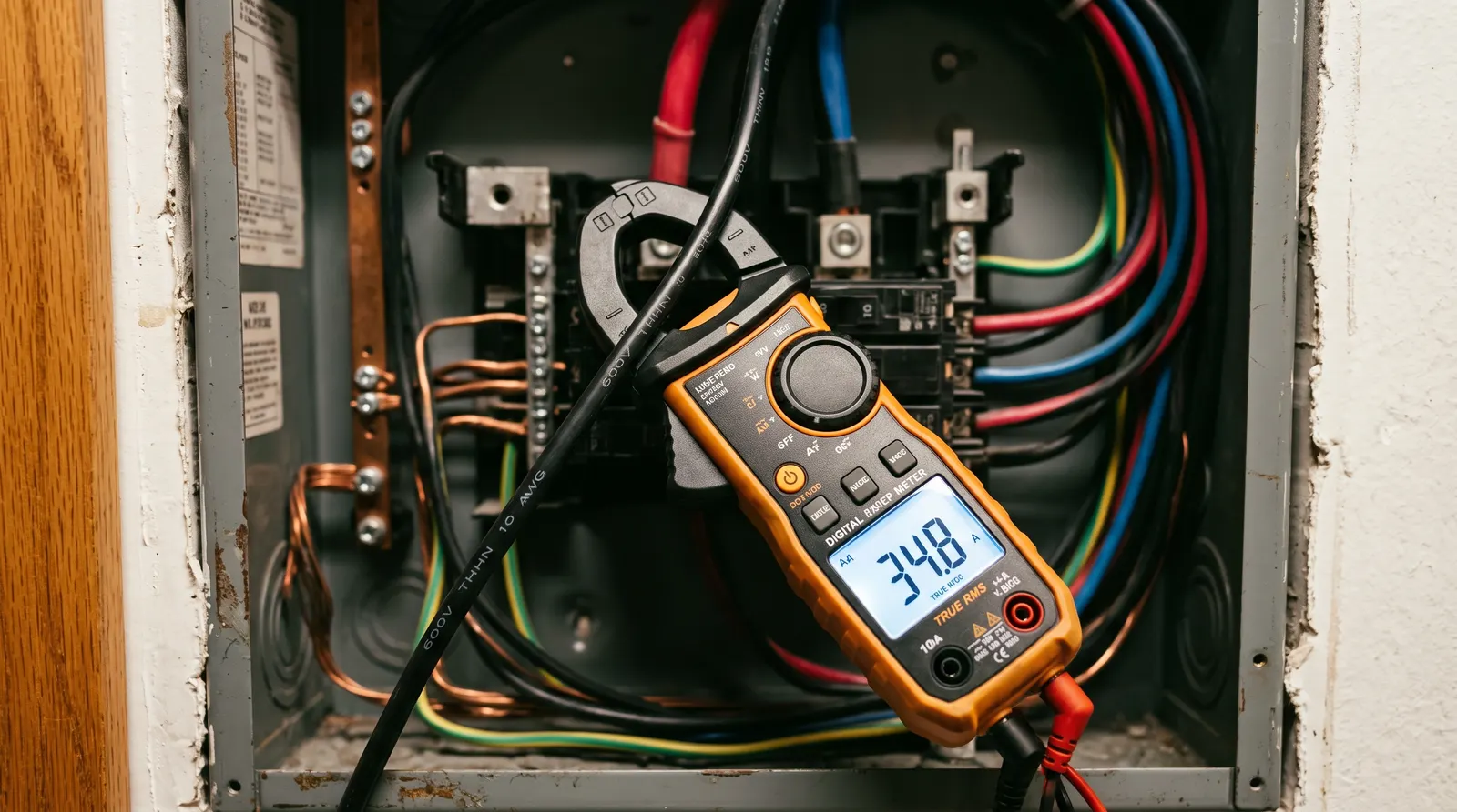 Clamp meter around a circuit conductor showing a load reading