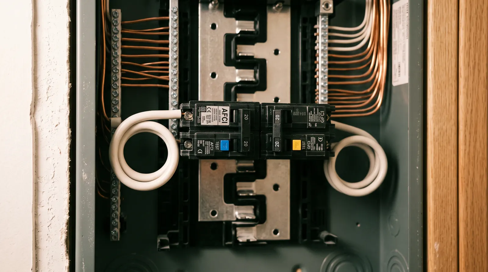 AFCI and GFCI breakers with their test buttons and pigtail neutrals