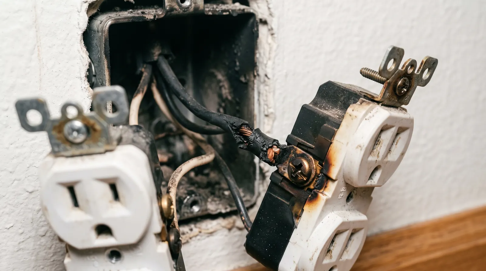 Scorched receptacle terminal with melted insulation on the conductor