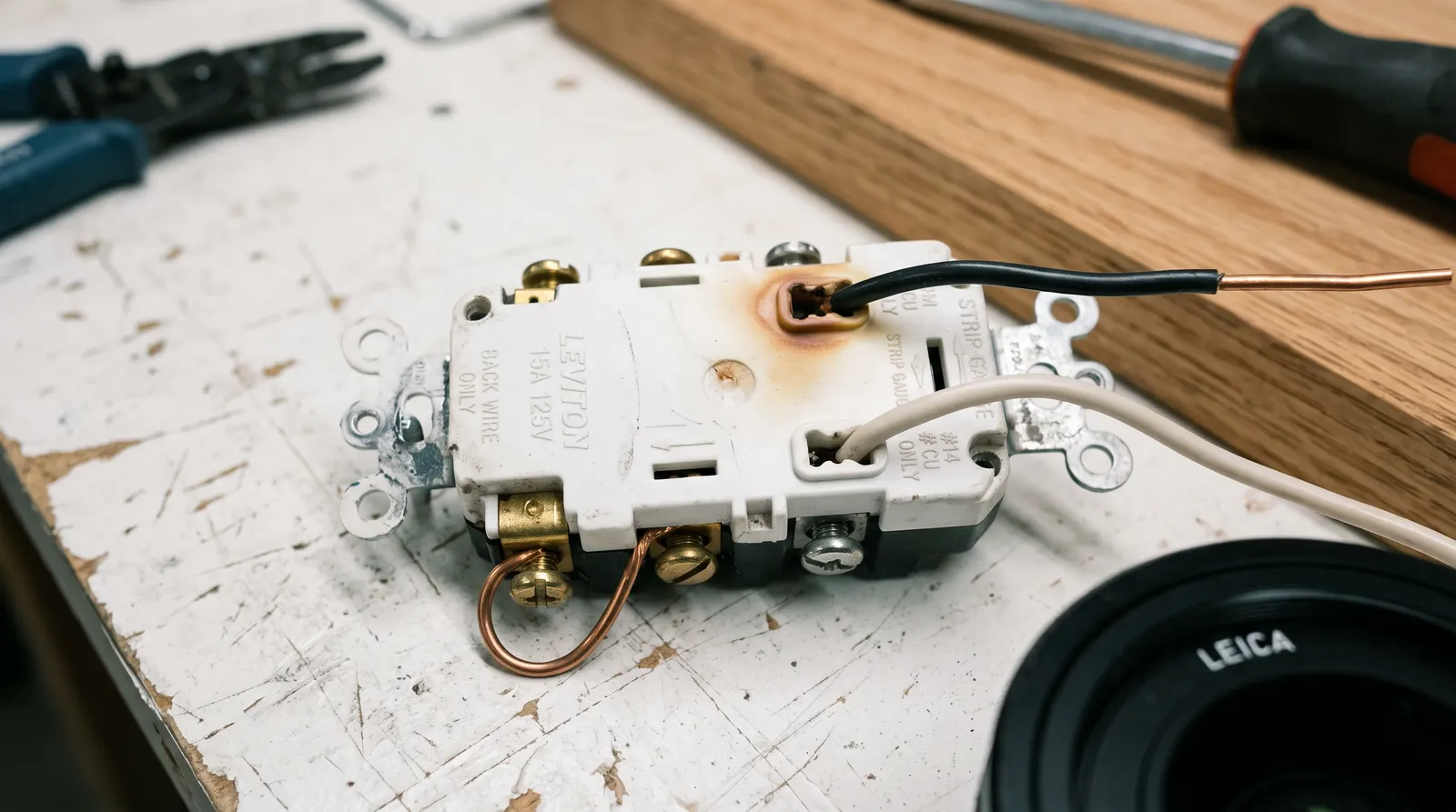 Rear of a receptacle showing conductors pushed into backstab holes