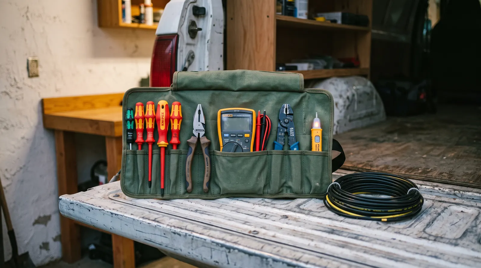 Electrician tool roll open on a tailgate with testers and hand tools
