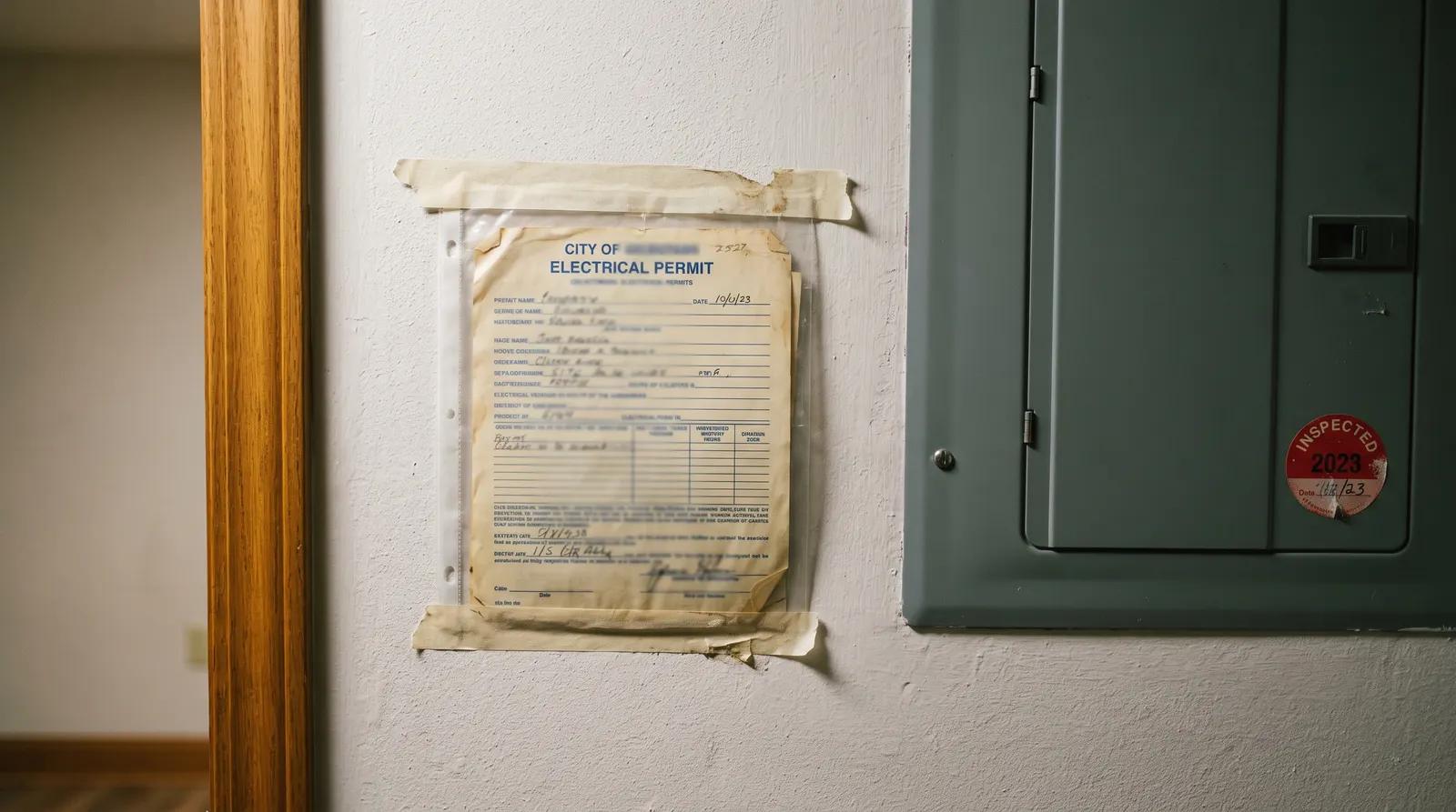 Electrical permit card posted beside a panel with an inspection sticker