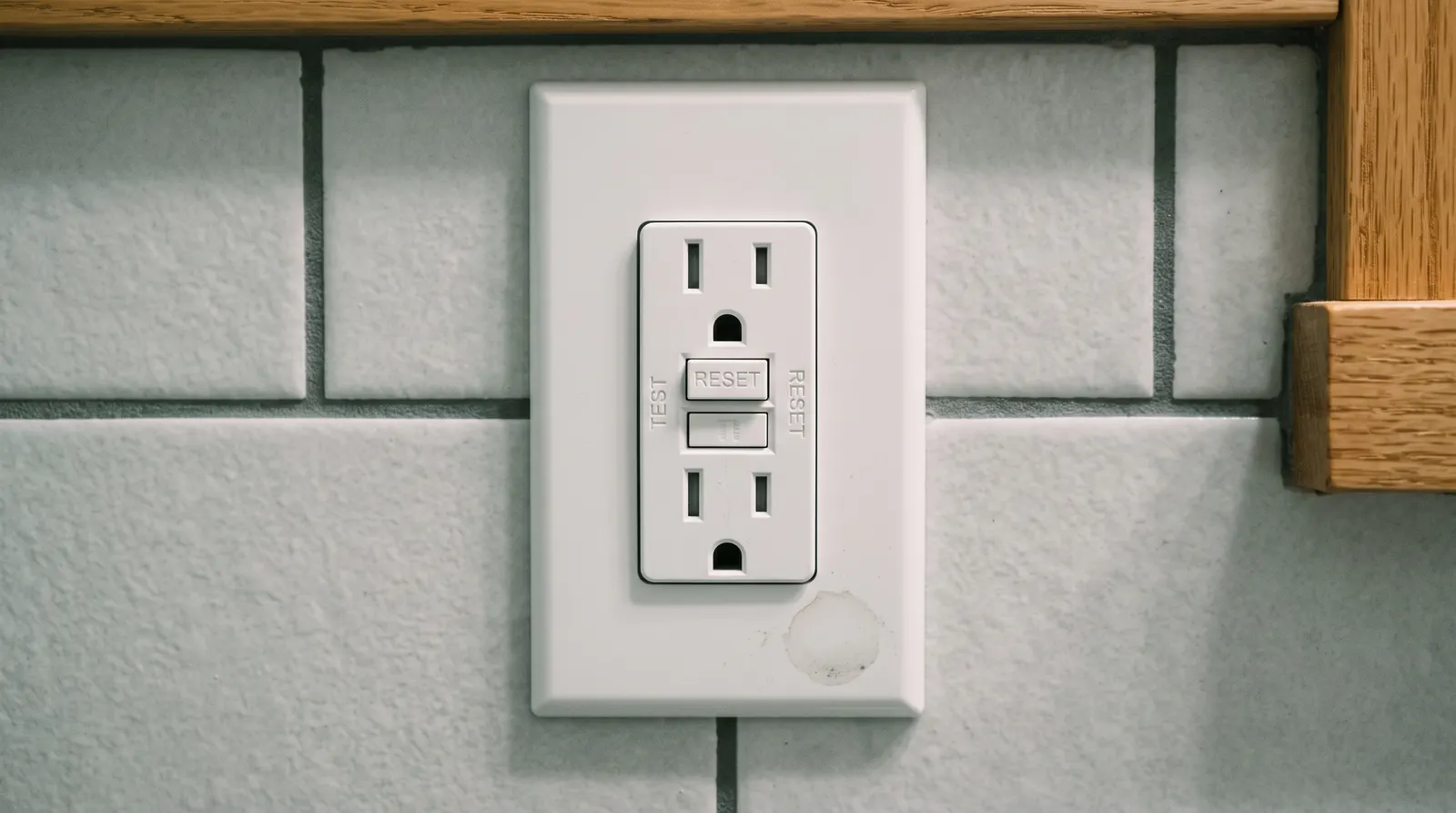 GFCI receptacle in a bathroom with its reset button tripped out