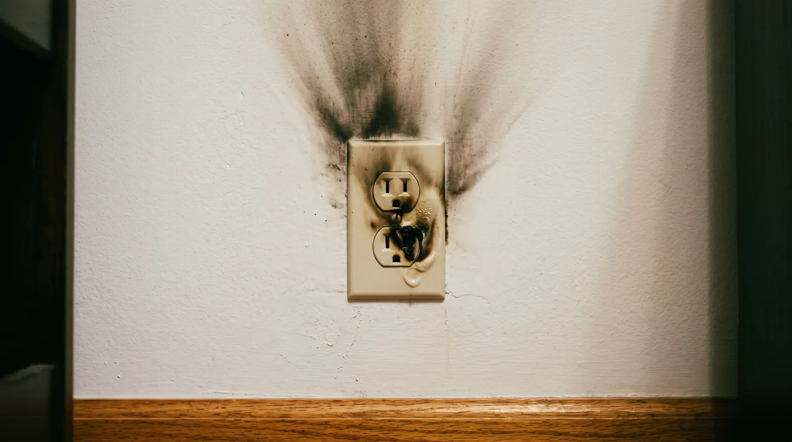 Wall receptacle with a blackened face and melted plastic around one slot