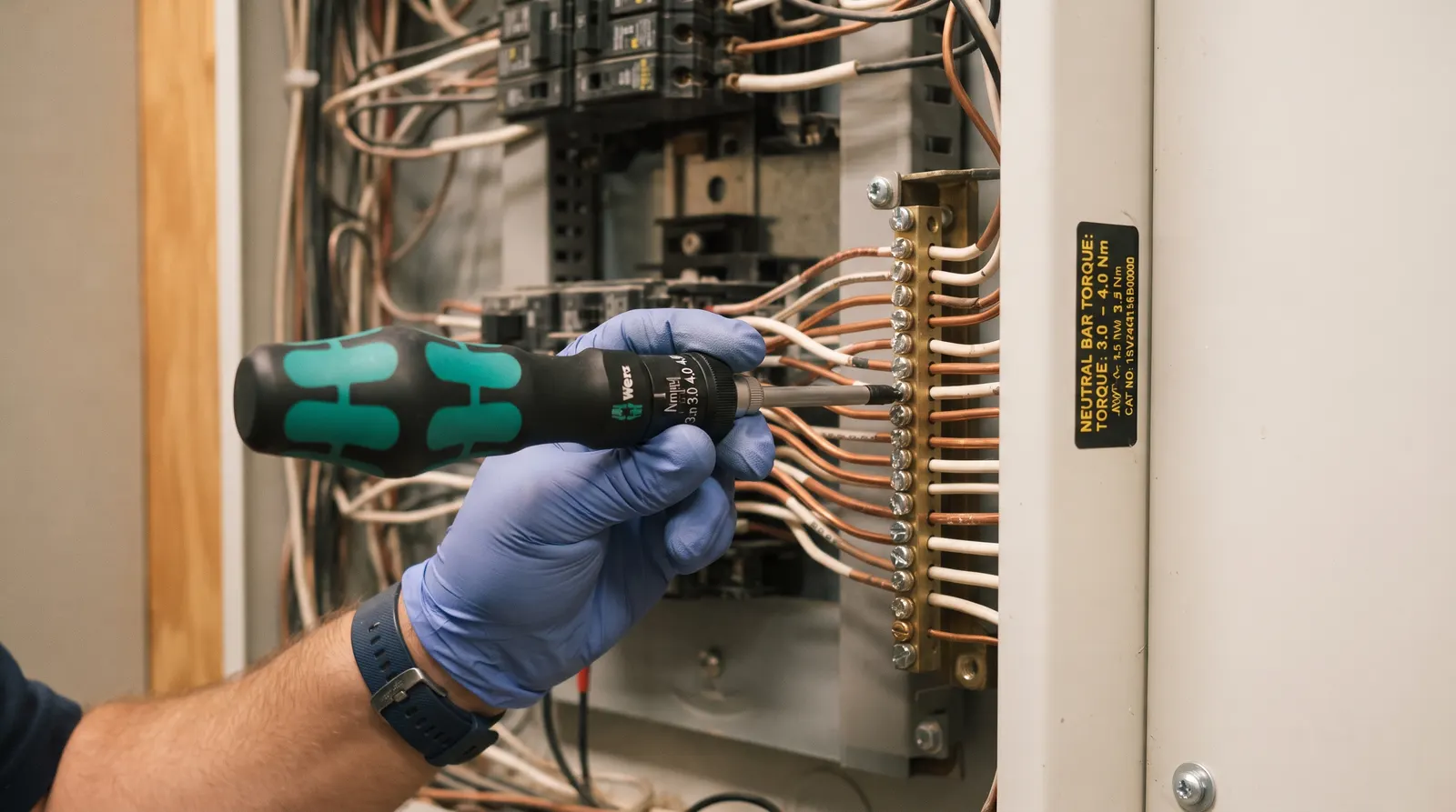 Torque screwdriver set against a panel lug during a service inspection