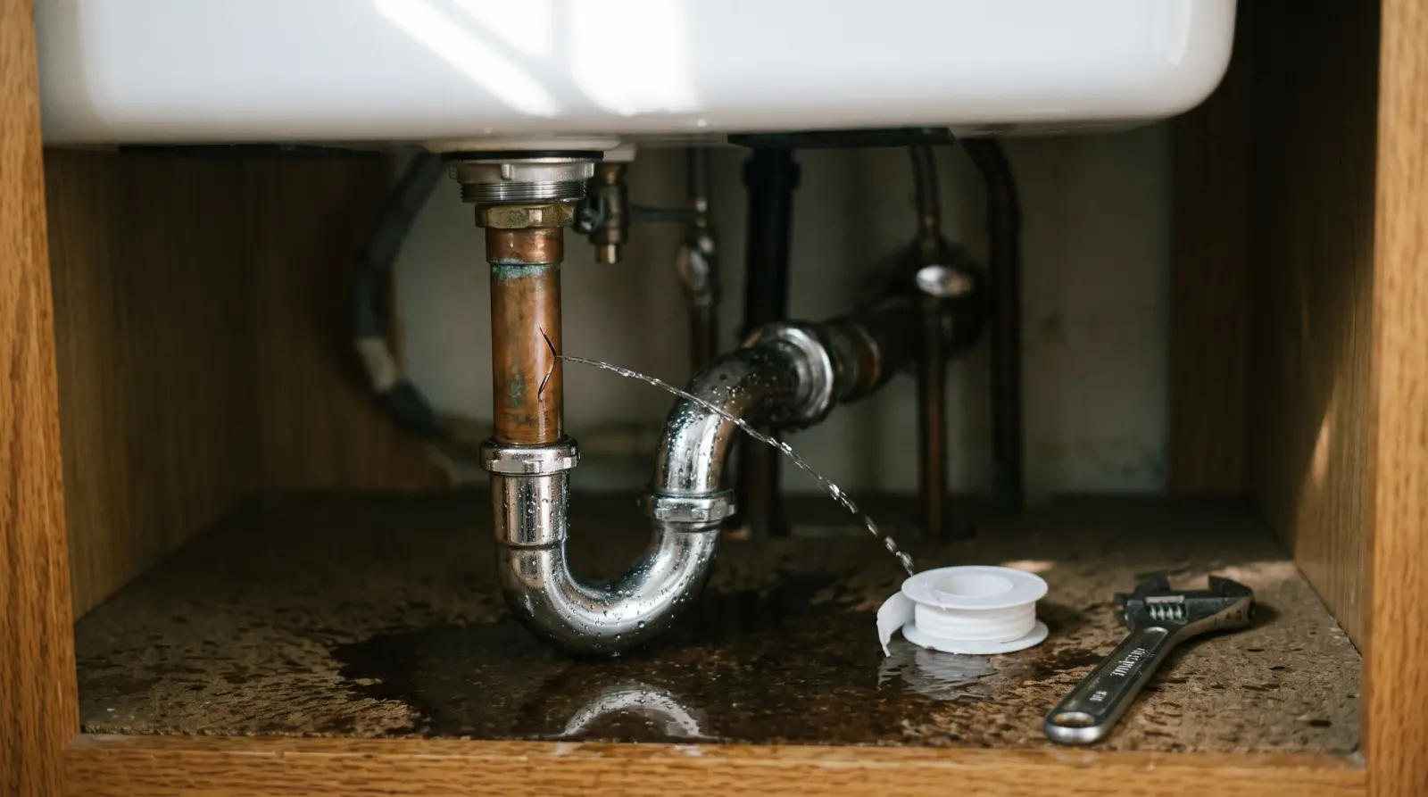 Licensed plumber tightening a compression fitting under a sink