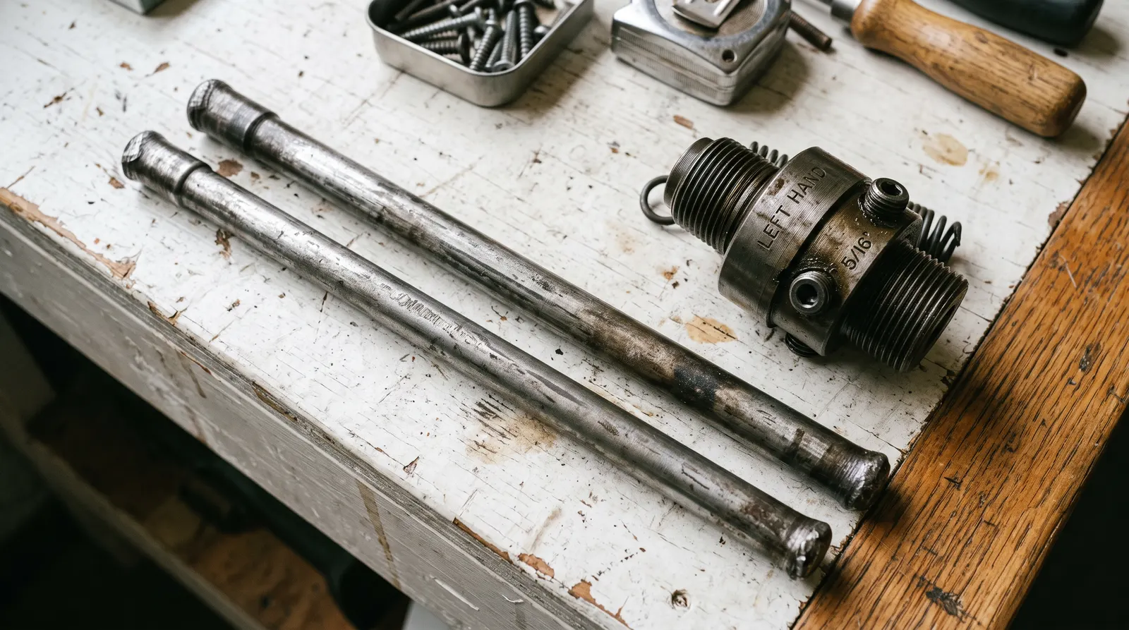 Pair of solid steel winding bars resting beside a torsion spring winding cone