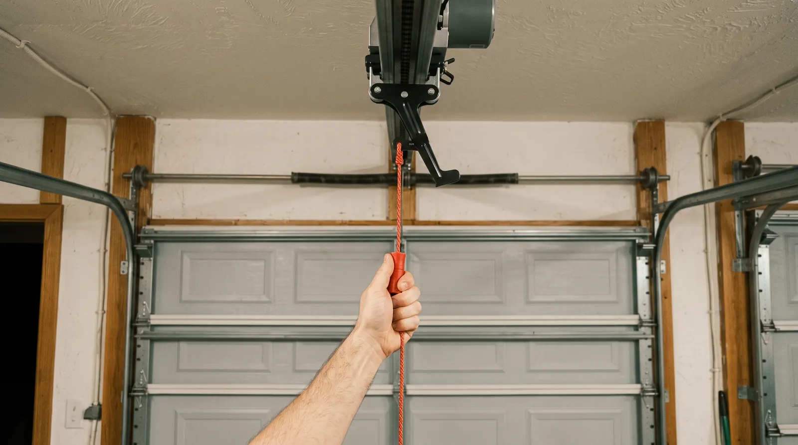 Hand pulling the emergency release cord downward on a closed garage door