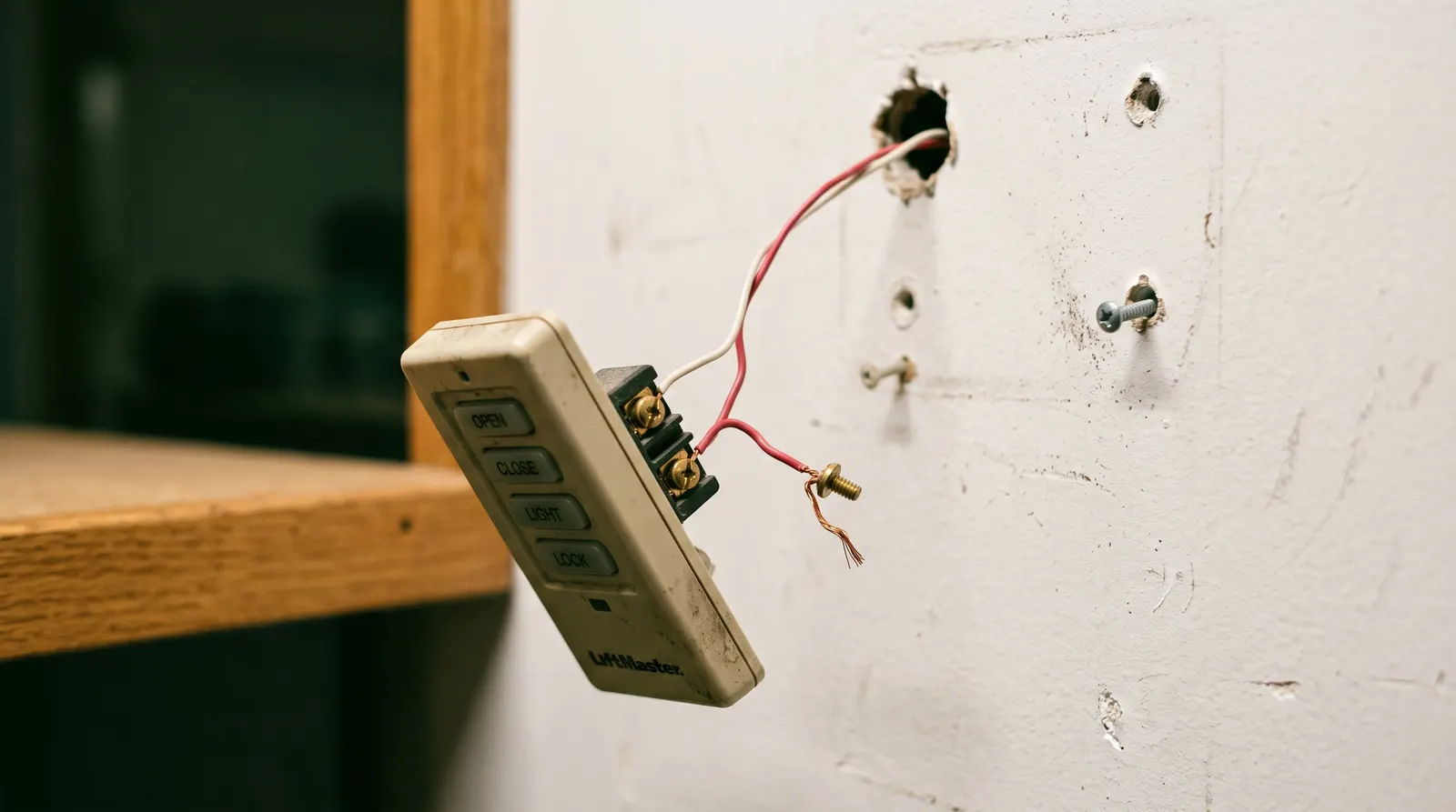 Garage door wall control button with its two-conductor bell wire terminals