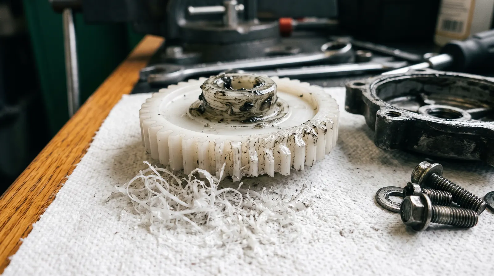 Stripped plastic drive gear removed from a garage door opener gearbox