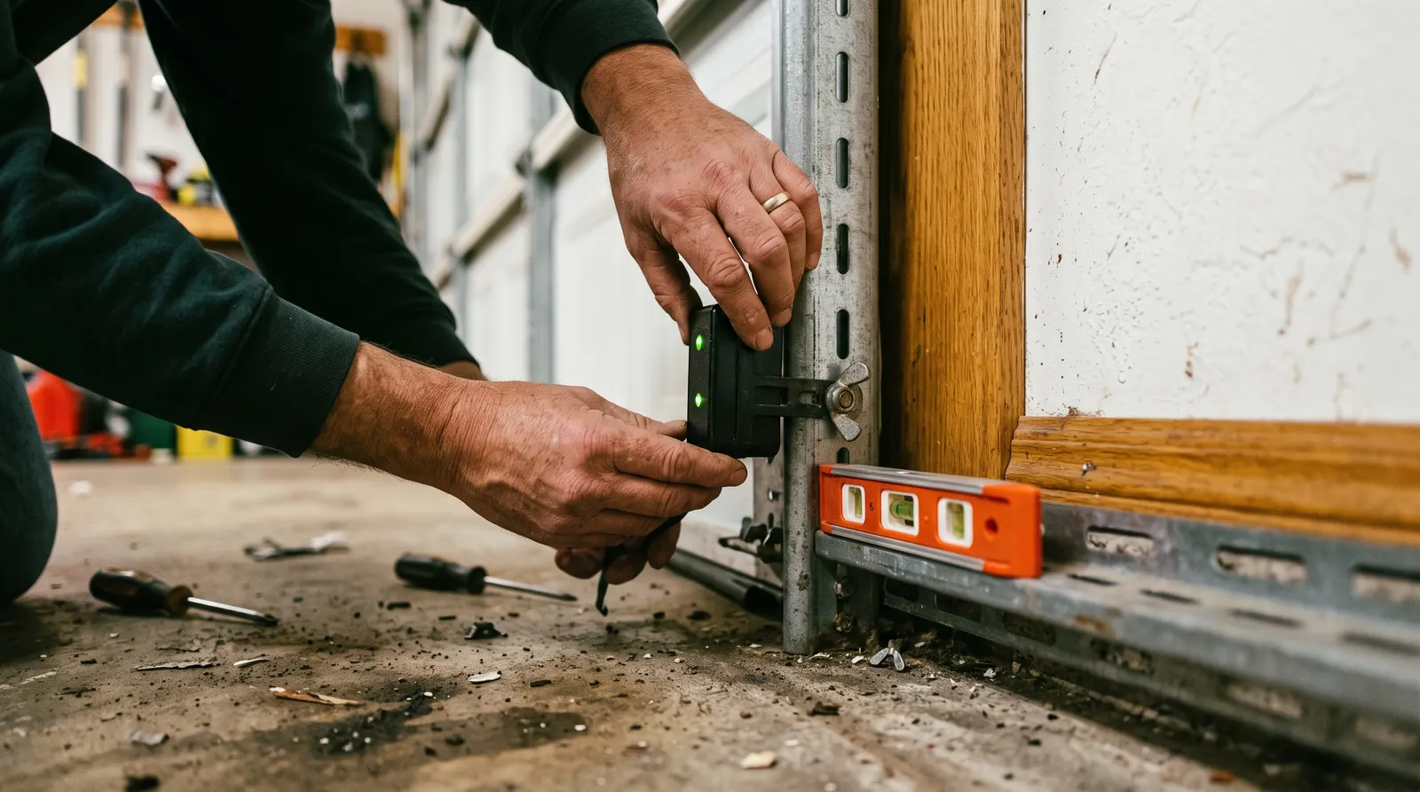Hands adjusting a garage door photo-eye bracket with a level held alongside