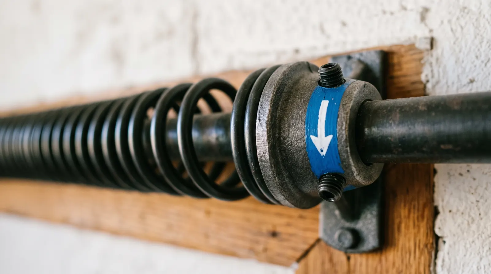 Colour-coded end cone on a torsion spring showing its wind direction marking