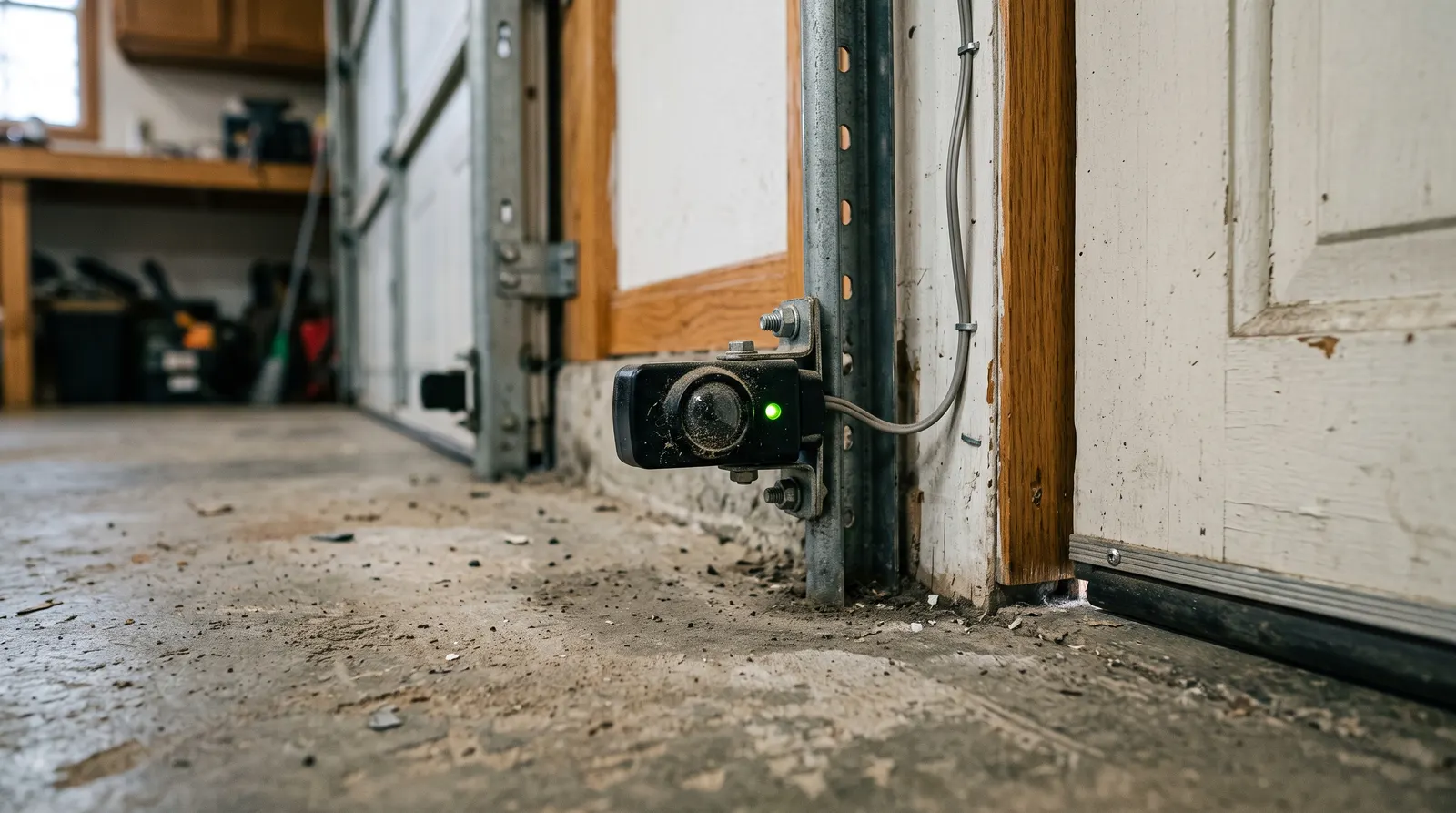 Garage door safety photo-eye bracket near the floor with its indicator lit