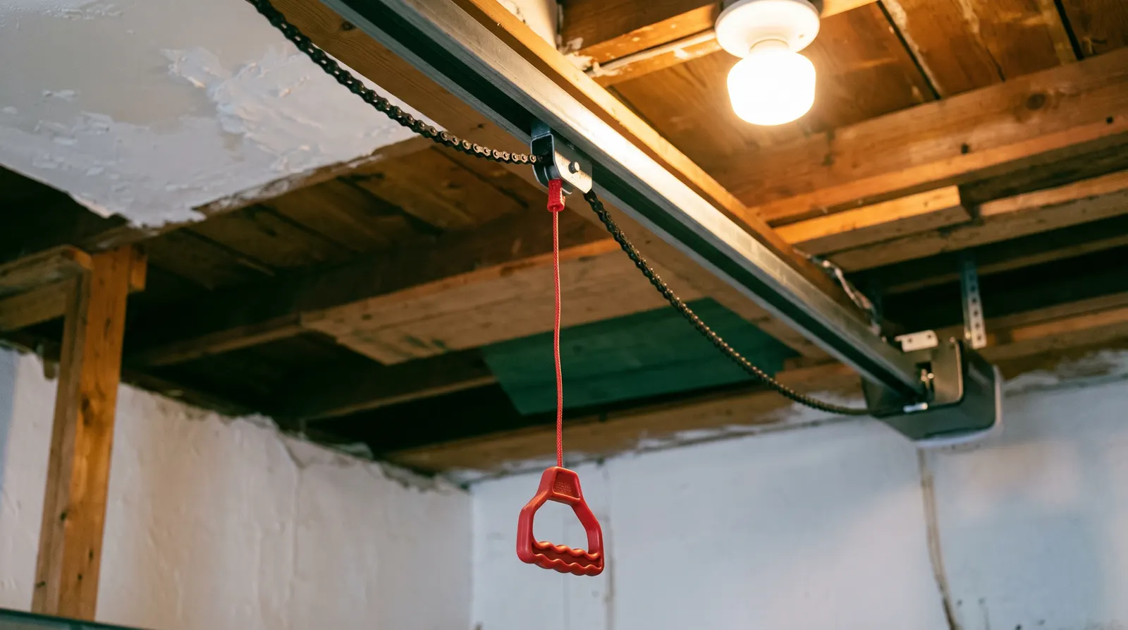Red emergency release cord hanging from a garage door opener trolley