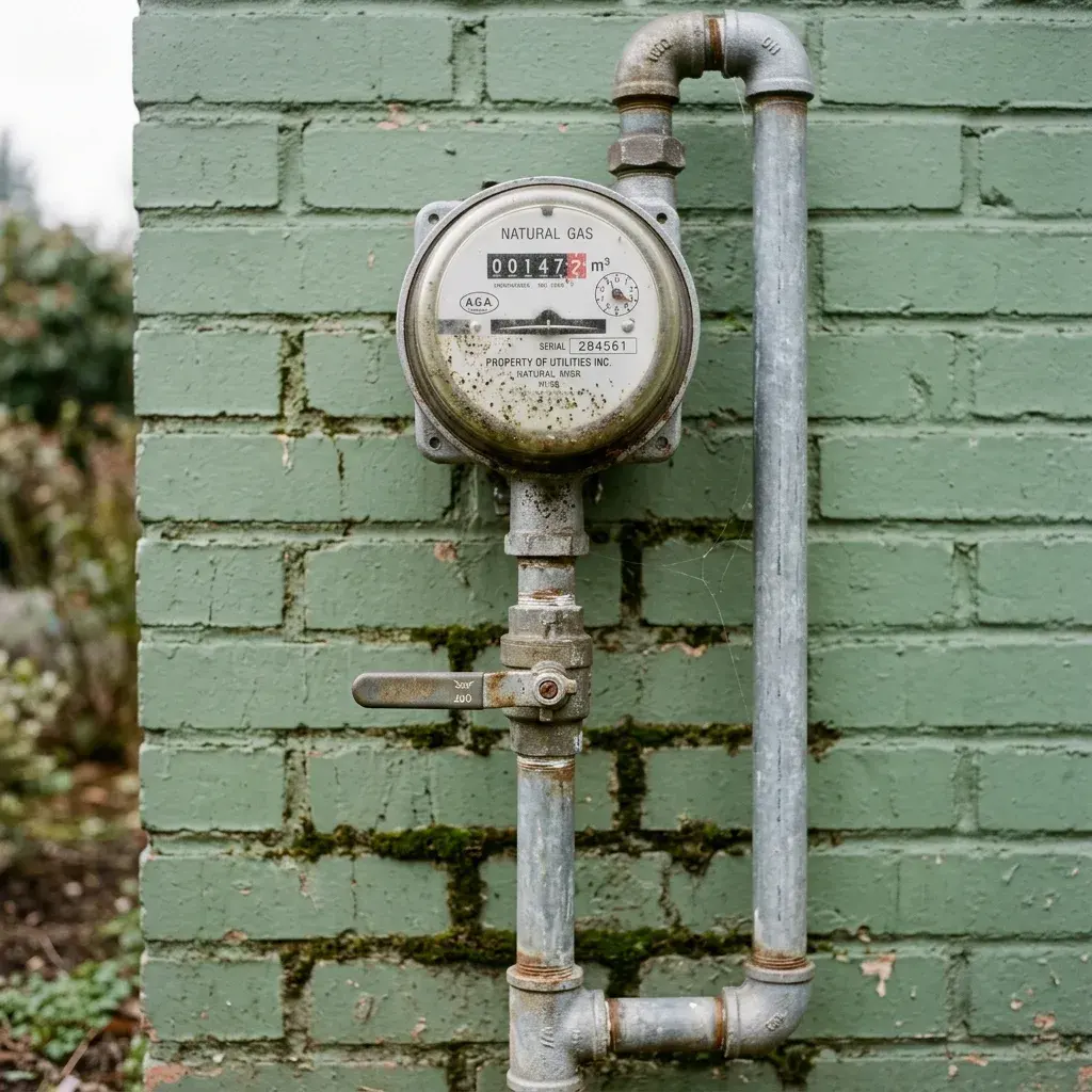 Residential gas meter and its quarter-turn service valve on a brick wall