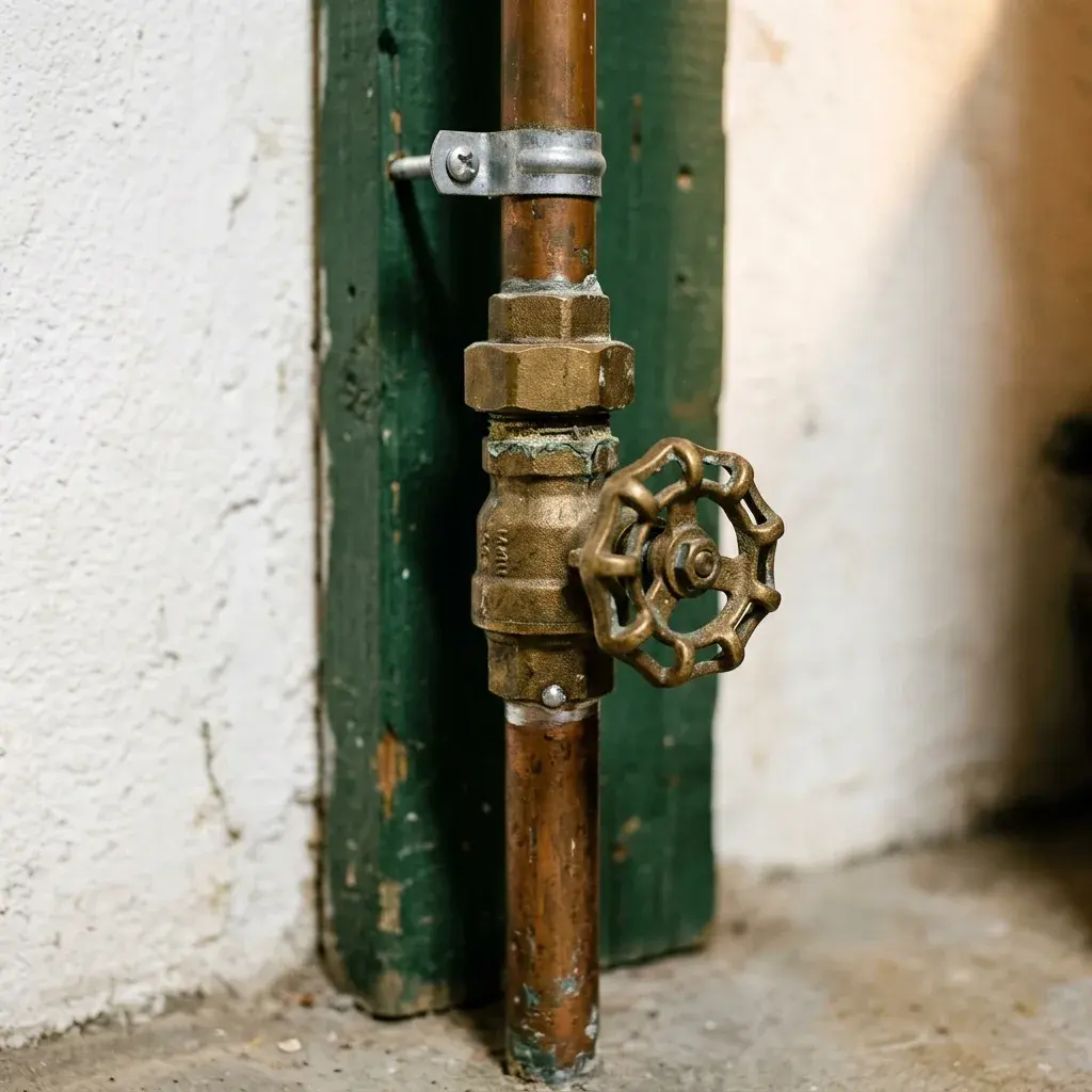 Brass main water shut-off valve with a red lever on a copper riser