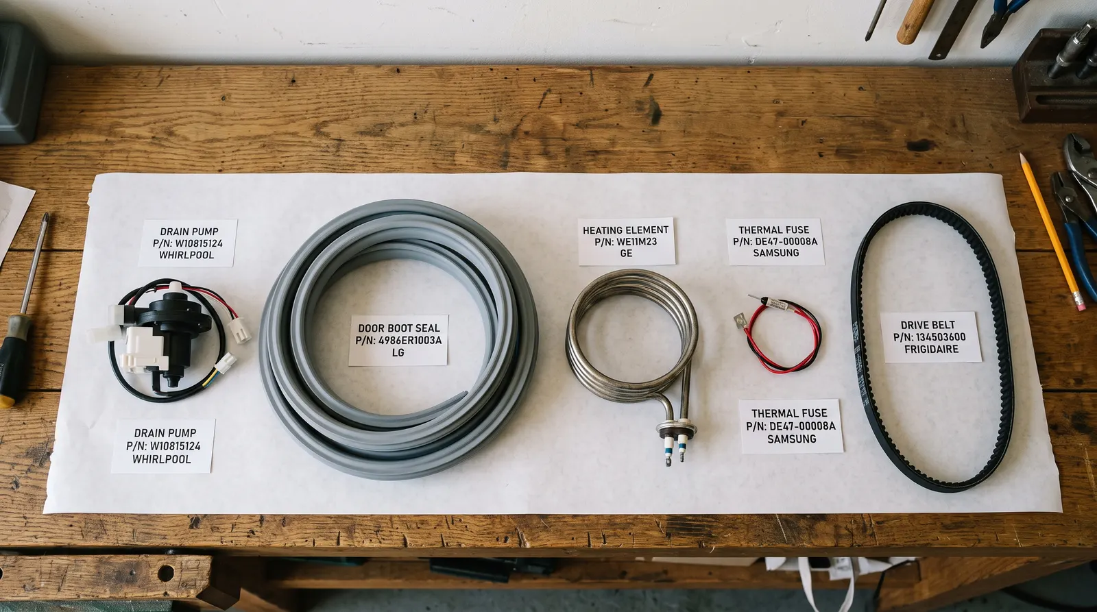 Assorted appliance replacement parts arranged on a workbench