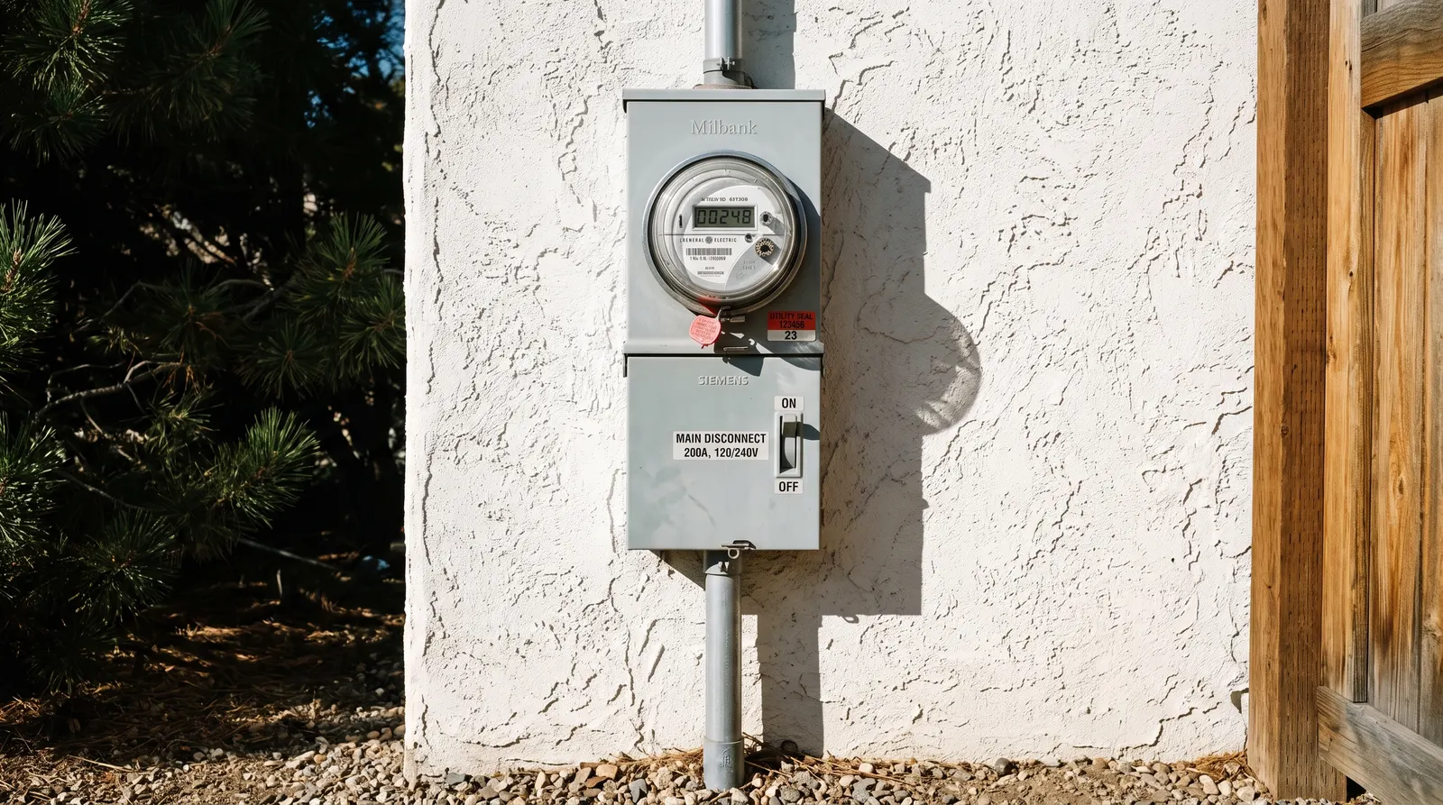 Residential meter socket and main disconnect on an exterior wall