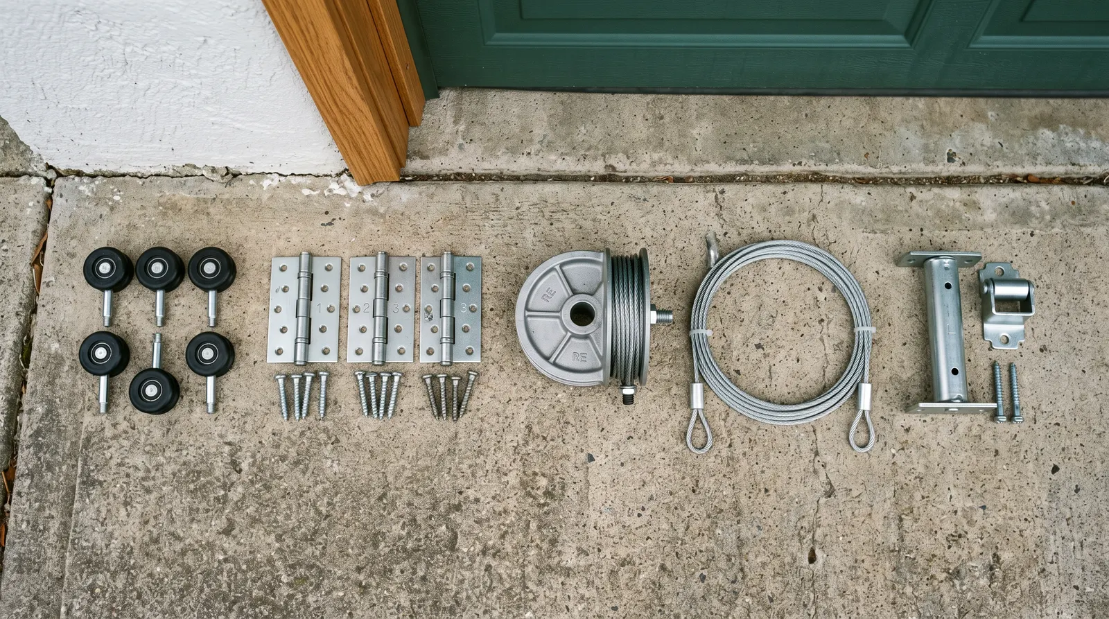 Garage door rollers, hinges and cable drums laid out for replacement