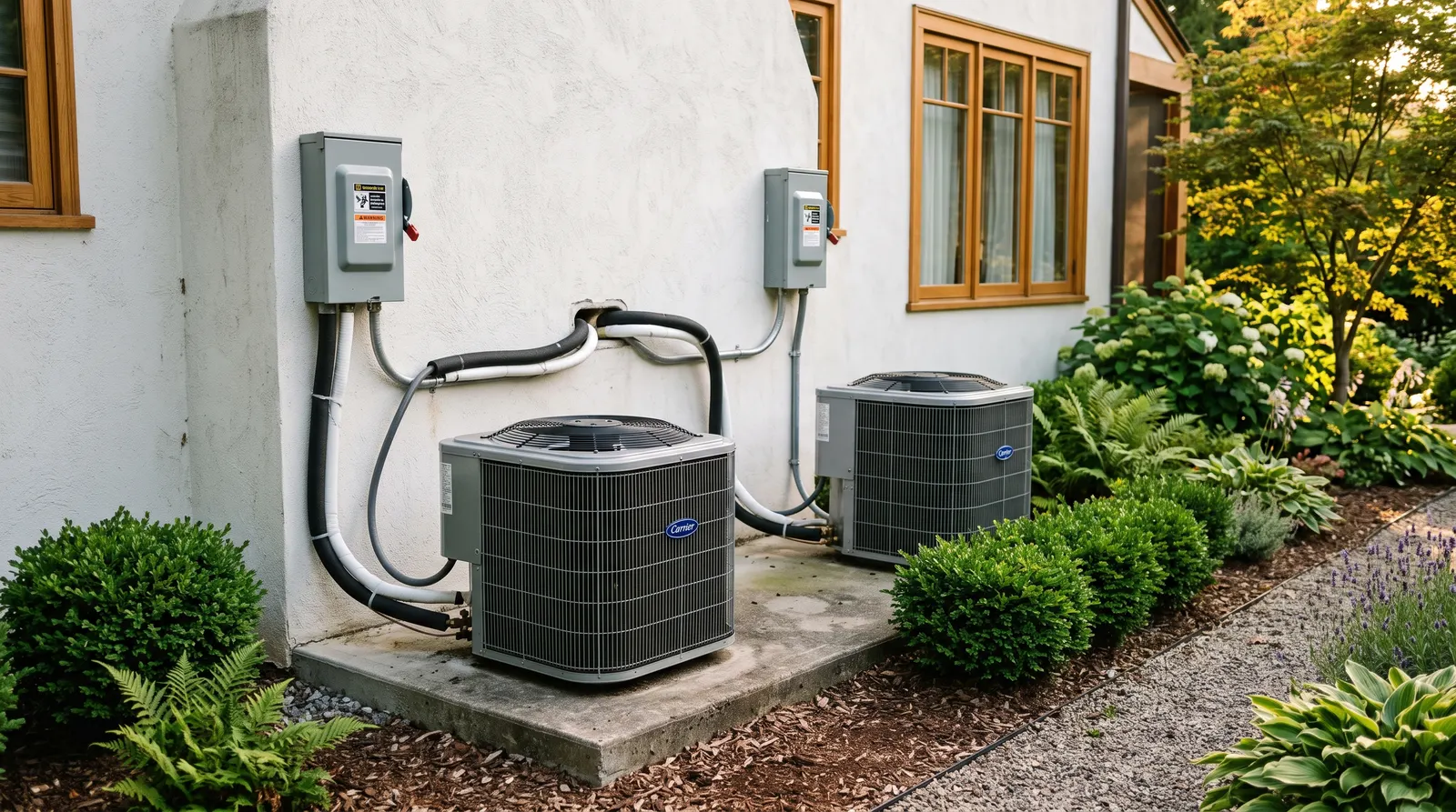 Outdoor condenser units beside a house on a concrete pad