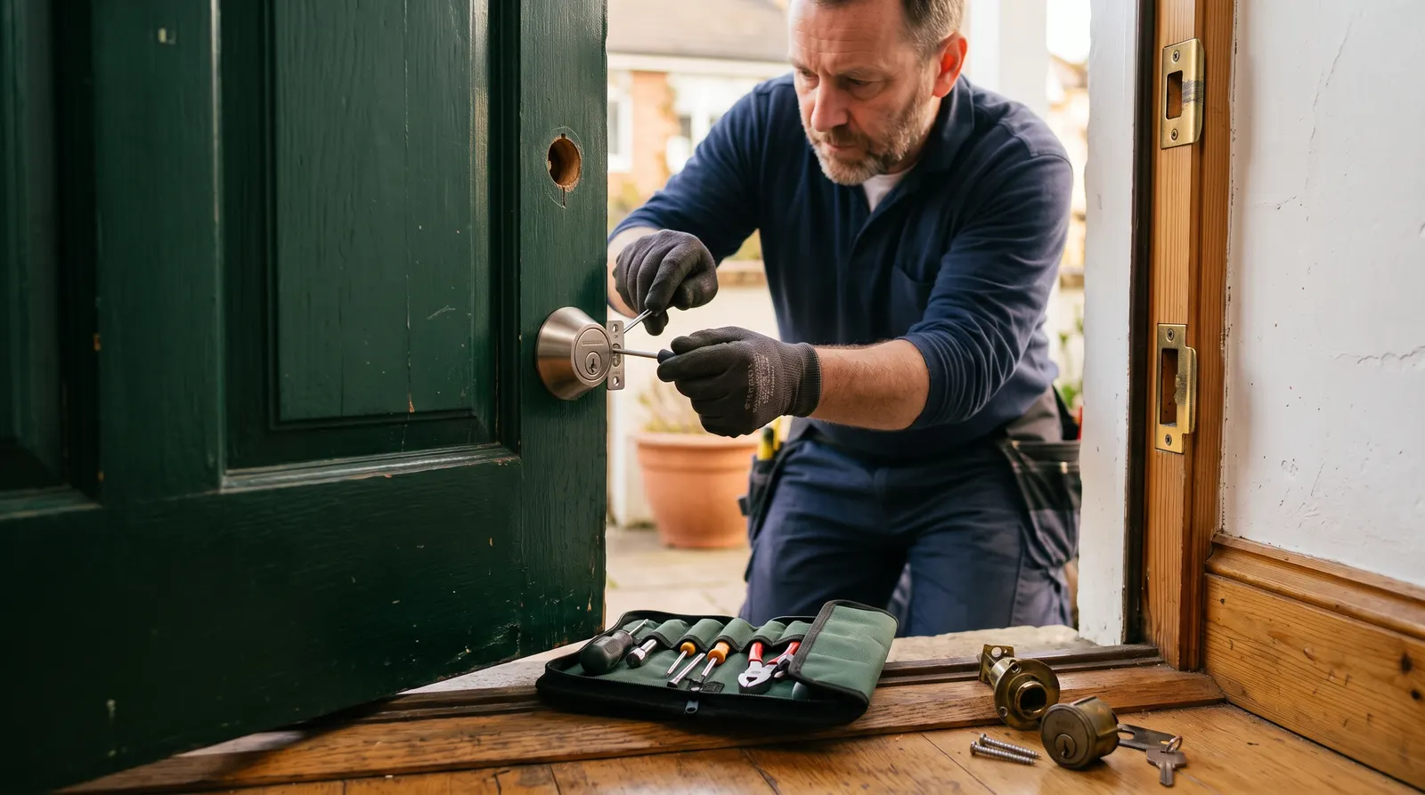 Locksmith fitting a new deadbolt cylinder into a front door