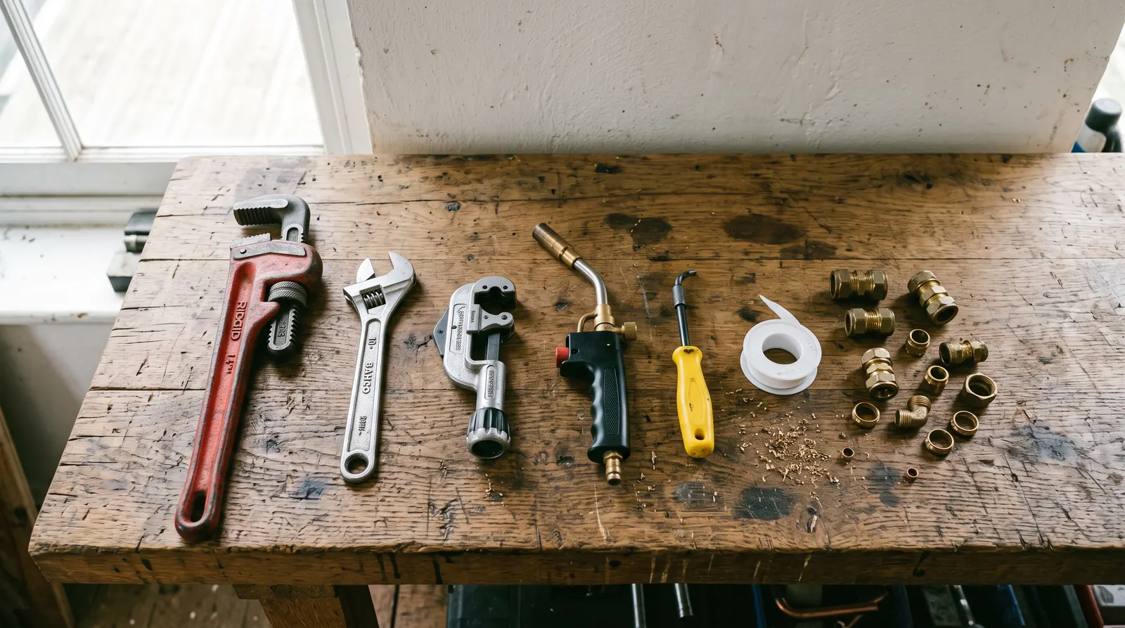 Plumbing tools and fittings laid out on a workshop bench