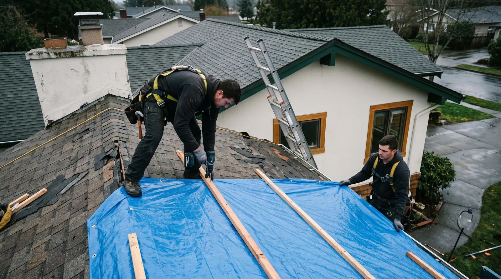 Roofing crew securing a tarp over a damaged roof section