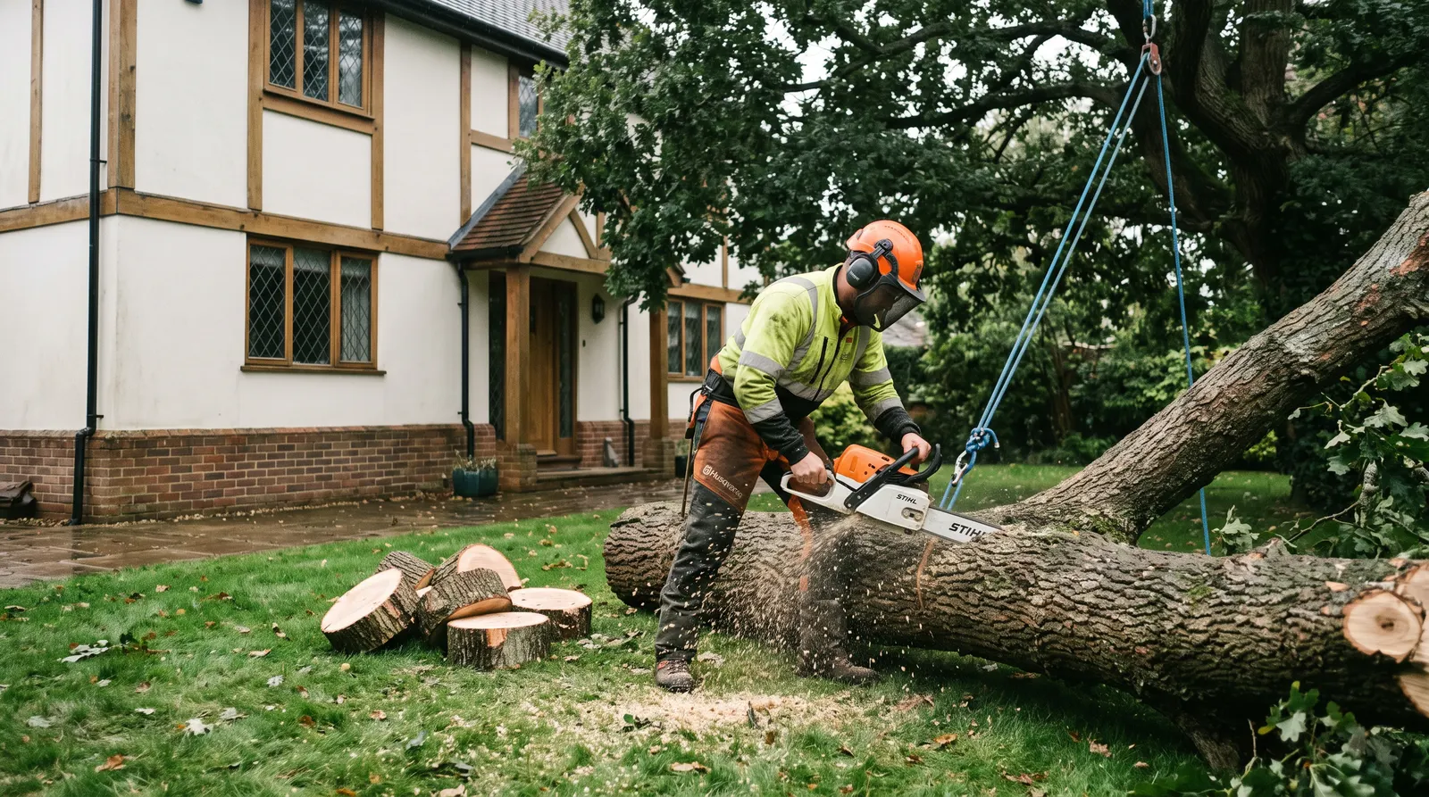 Arborist cutting a fallen limb with a chainsaw beside a house