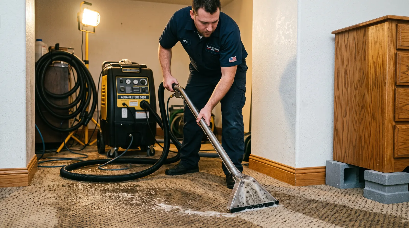 Restoration technician operating an extraction unit on a soaked carpet