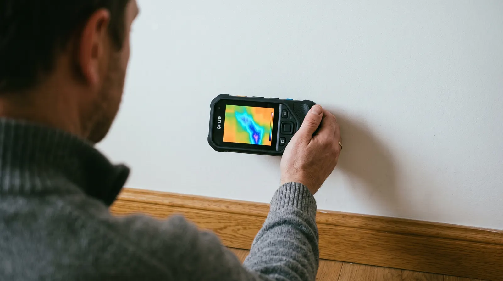 Thermal imaging camera screen showing a cold moisture plume inside a wall