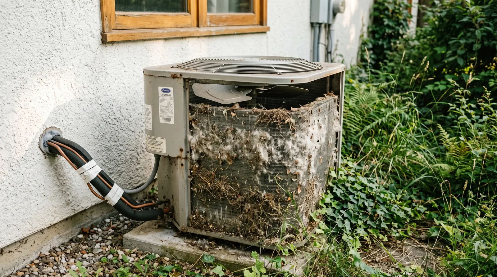 Outdoor condenser unit with fins matted by cottonwood and yard debris