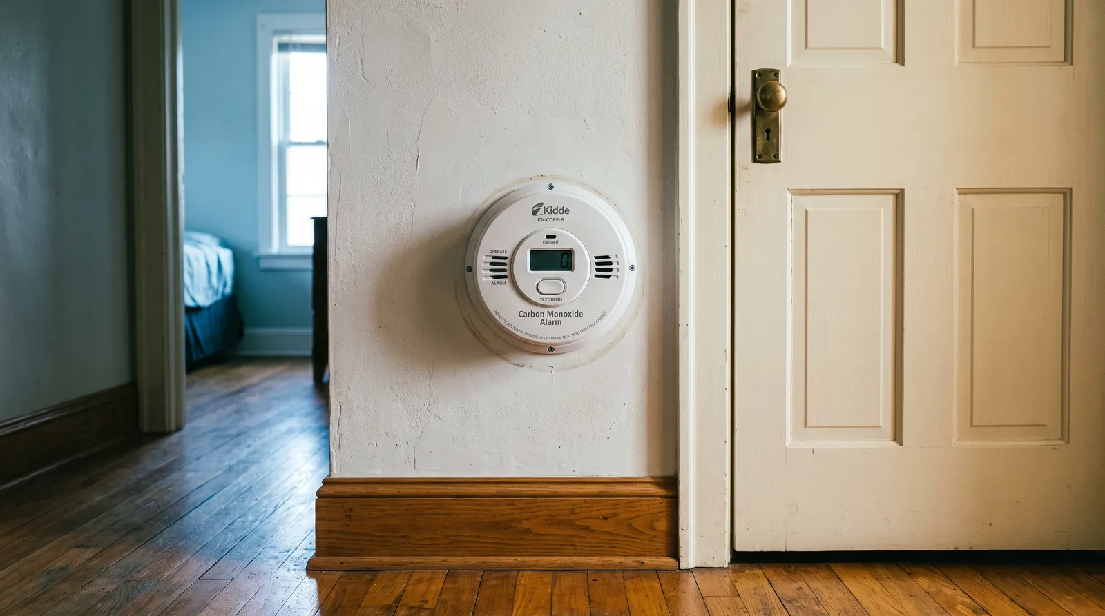 Carbon monoxide alarm mounted on a hallway wall outside a bedroom door