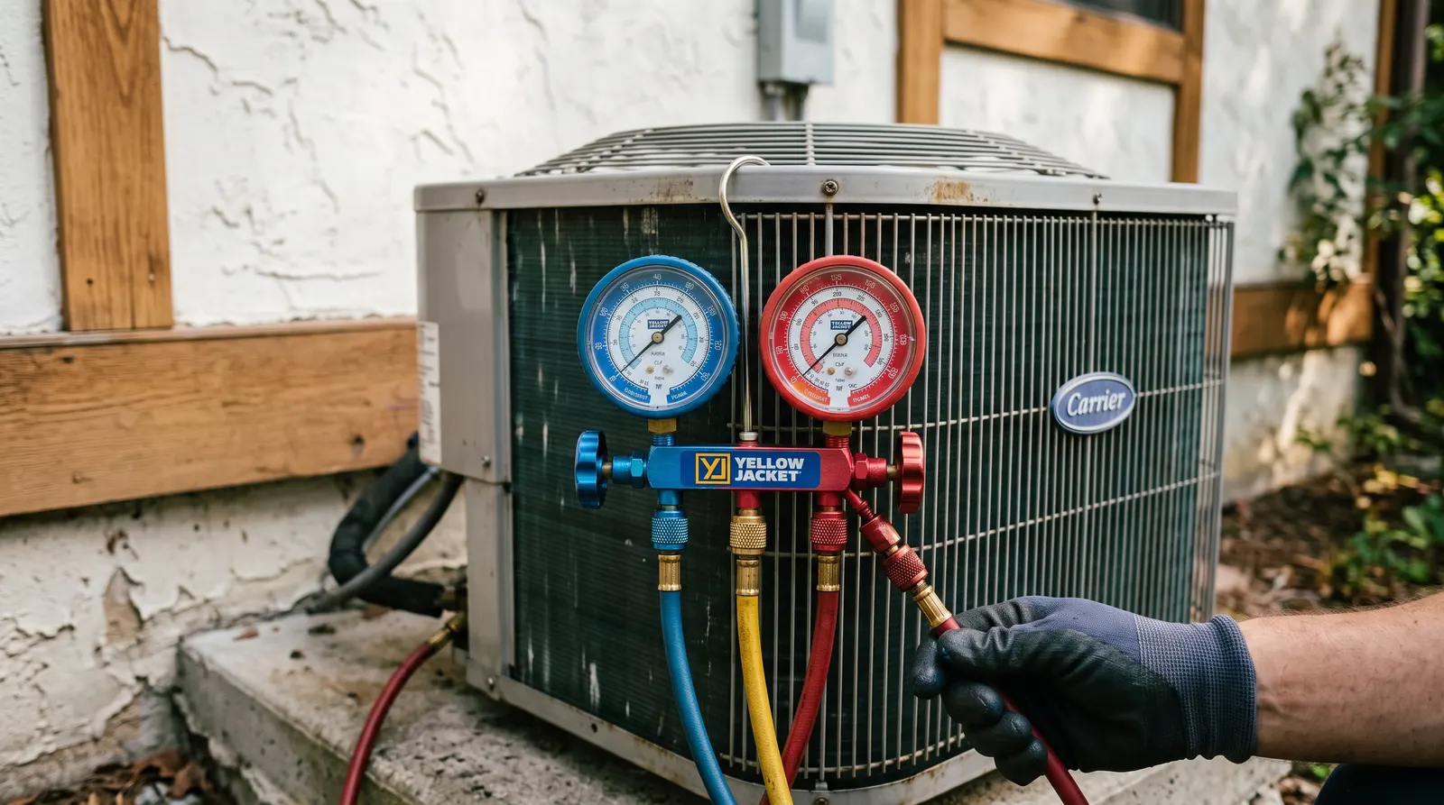 Refrigerant manifold gauge set connected to an outdoor unit service port