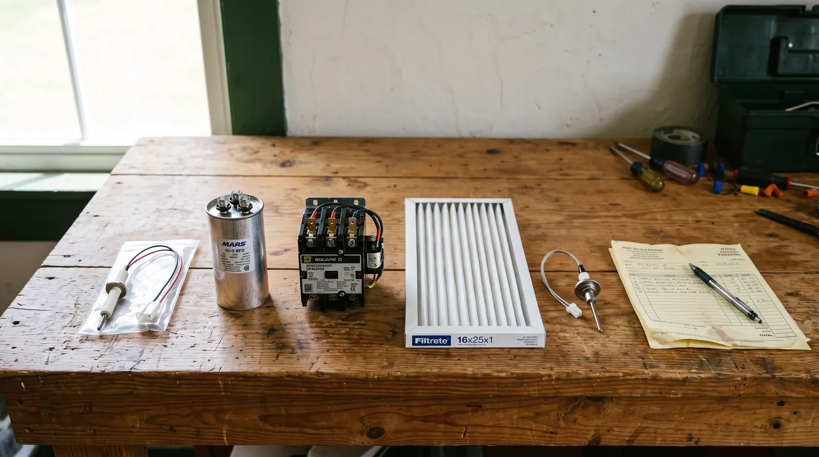 Replacement HVAC parts arranged on a bench beside a written estimate