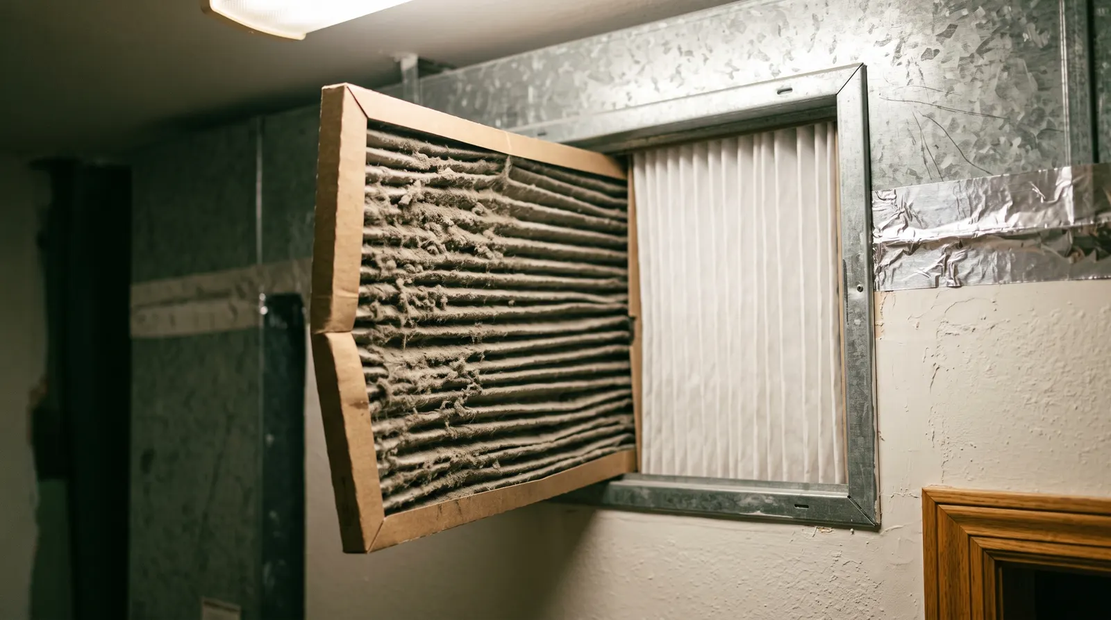 Heavily clogged pleated furnace filter pulled from a return air slot