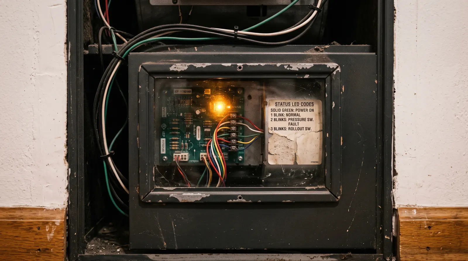 Furnace control board LED flashing a diagnostic code behind the inspection window