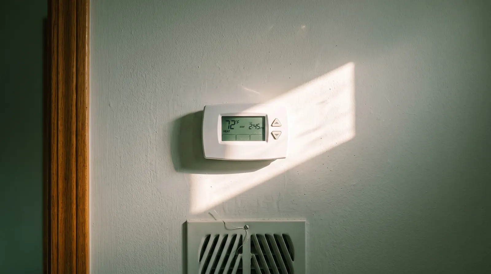Wall thermostat mounted in direct sunlight beside a supply register