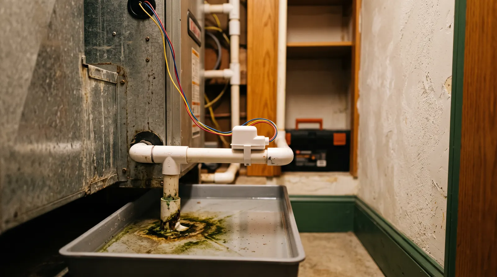 Float safety switch clipped to a condensate drain line above a full pan