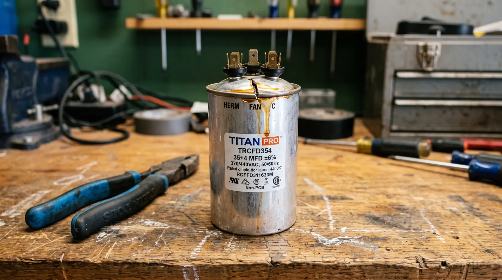 Bulging dual run capacitor removed from an air conditioning condenser