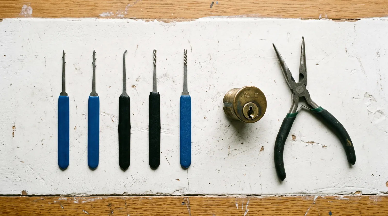Broken key extractor tools laid out beside a removed lock cylinder