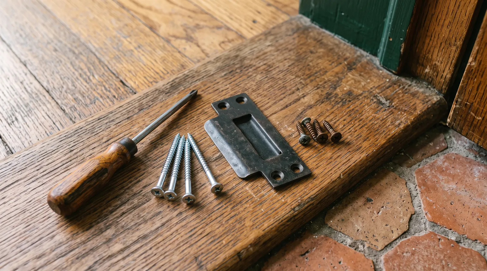 Three-inch screws and a reinforced strike plate ready for installation